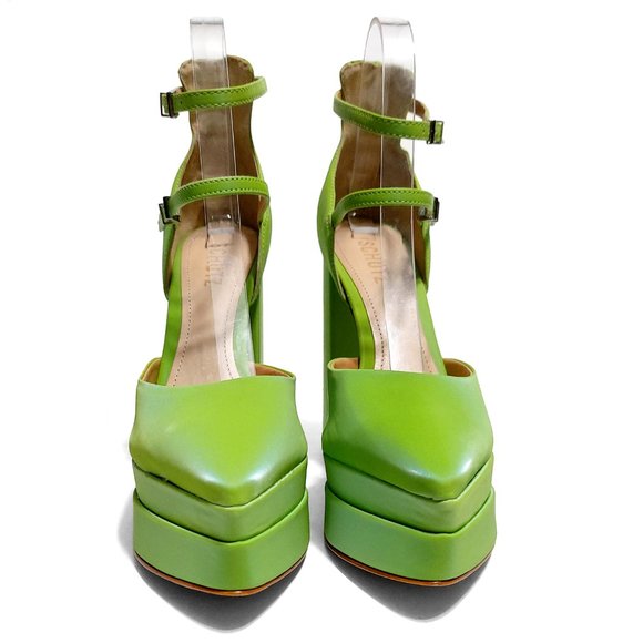 Schutz Elysee Green Double Platform Ankle Strap Pointy Toe Block Heel Dress - Picture 3 of 15